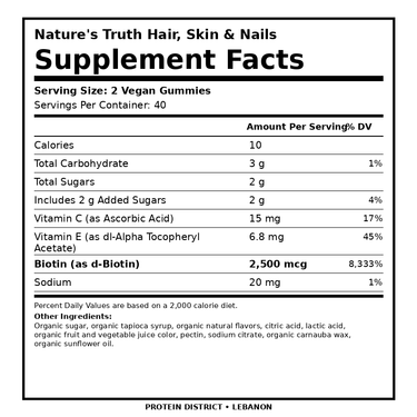 Nature's Truth Hair, Skin & Nails Biotin 2,500 mcg Supplement Facts - Protein District Lebanon
