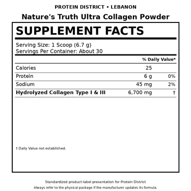 Nature's Truth Ultra Collagen Powder Supplement Facts - Protein District Lebanon