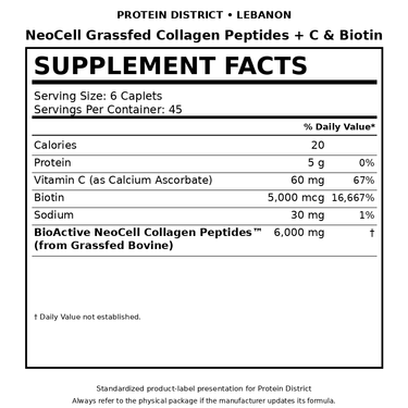 NeoCell Grassfed Collagen Peptides + C & Biotin Supplement Facts - Protein District Lebanon