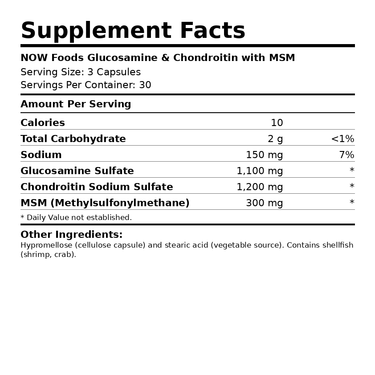 NOW Foods Glucosamine Chondroitin with MSM Supplement Facts - Protein District Lebanon