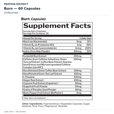 Rule 1 Burn Capsules — Unflavored — Nutrition Facts and ingredients | PROTEIN DISTRICT Lebanon