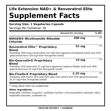 Life Extension NAD+ & Resveratrol Elite — 30 Vegetarian Capsules – Supplement Facts, 1 Vegetarian Capsule per serving – PROTEIN DISTRICT Lebanon