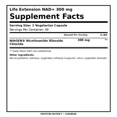 Life Extension NAD+ Cell Regenerator 300 mg — 30 Vegetarian Capsules – Supplement Facts, 1 Vegetarian Capsule per serving – PROTEIN DISTRICT Lebanon