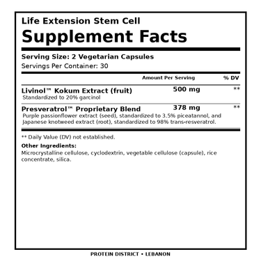 Life Extension Stem Cell — 60 Vegetarian Capsules – Supplement Facts, 2 Vegetarian Capsules per serving – PROTEIN DISTRICT Lebanon