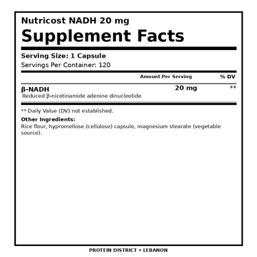 Nutricost NADH 20 mg — 120 Capsules – Supplement Facts, 1 Capsule per serving – PROTEIN DISTRICT Lebanon