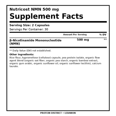 Nutricost NMN 500 mg — 60 Capsules – Supplement Facts, 2 Capsules per serving – PROTEIN DISTRICT Lebanon