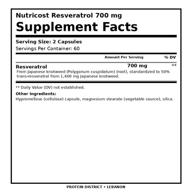Nutricost Resveratrol 700 mg — 120 Capsules – Supplement Facts, 2 Capsules per serving – PROTEIN DISTRICT Lebanon