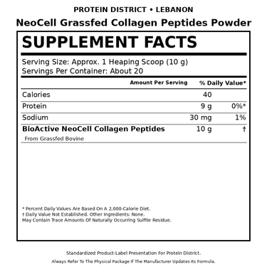 NeoCell Grassfed Collagen Peptides Powder Supplement Facts - PROTEIN DISTRICT Lebanon