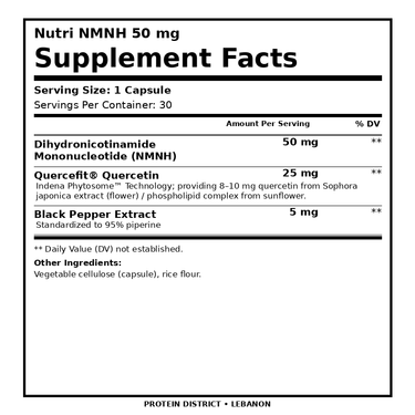 Nutri NMNH 50 mg — 30 Capsules – Supplement Facts, 1 Capsule per serving – PROTEIN DISTRICT Lebanon