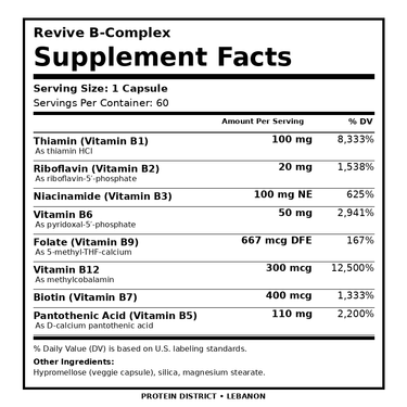 Revive B-Complex — 60 Vegetarian Capsules — Supplement Facts, 1 Capsule per serving — PROTEIN DISTRICT Lebanon