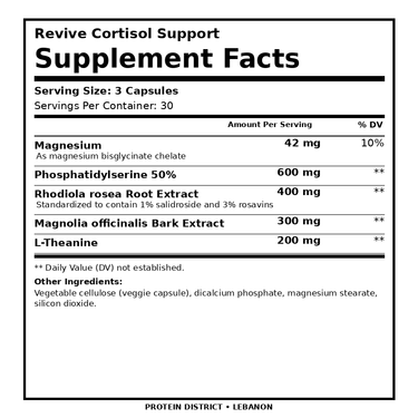 Revive Cortisol Support — 90 Vegetarian Capsules — Supplement Facts, 3 Capsules per serving — PROTEIN DISTRICT Lebanon