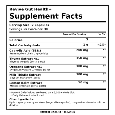 Revive Gut Health+ — 60 Vegetarian Capsules — Supplement Facts, 2 Capsules per serving — PROTEIN DISTRICT Lebanon