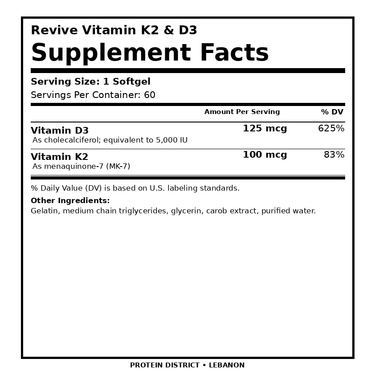 Revive Vitamin K2 & D3 — 60 Softgels — Supplement Facts, 1 Softgel per serving — PROTEIN DISTRICT Lebanon