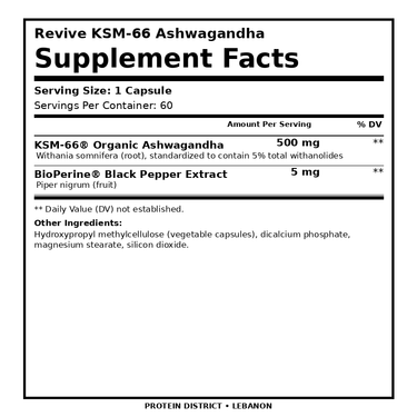 Revive KSM-66 Ashwagandha 500 mg — 60 Vegetarian Capsules — Supplement Facts, 1 Capsule per serving — PROTEIN DISTRICT Lebanon