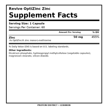 Revive OptiZinc Zinc 50 mg — 60 Vegetarian Capsules — Supplement Facts, 1 Capsule per serving — PROTEIN DISTRICT Lebanon