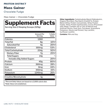 Rule 1 Mass Gainer — Chocolate Fudge — Nutrition Facts and ingredients | PROTEIN DISTRICT Lebanon