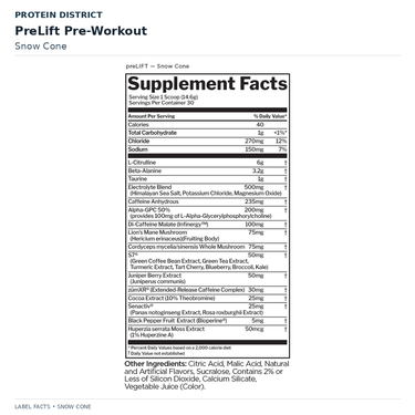 Rule 1 Pre Lift — Snow Cone — Nutrition Facts and ingredients | PROTEIN DISTRICT Lebanon