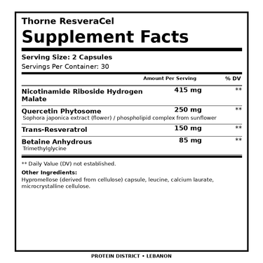 Thorne ResveraCel — 60 Capsules – Supplement Facts, 2 Capsules per serving – PROTEIN DISTRICT Lebanon
