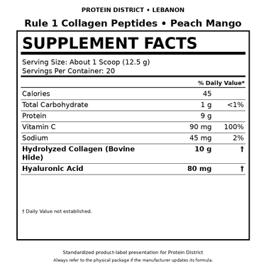 Rule 1 Collagen Peptides Peach Mango Supplement Facts - Protein District Lebanon